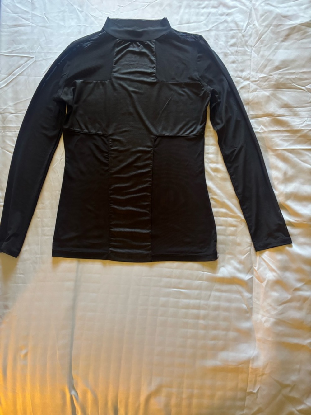 Black Long-Sleeve Mock Neck Top with Panel Stitching